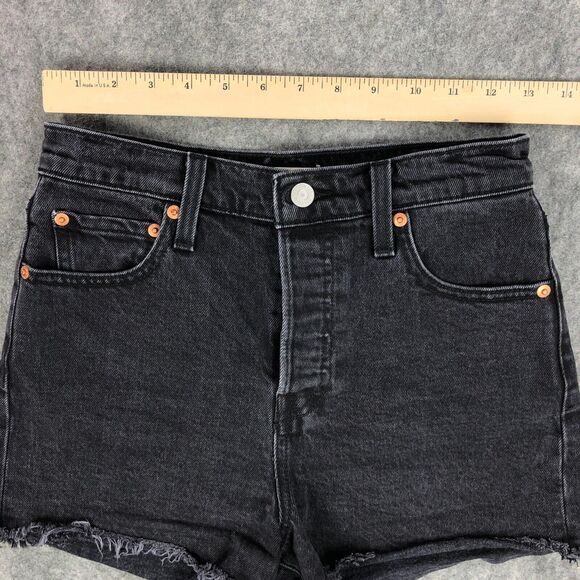 Levi’s- Premium Ribcage Shorts Black High Rise Cut Off Frayed Hem Faded - Picture 8 of 12
